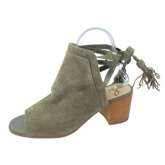 Sam Edelman Sampson Green Suede Tassel Ankle Tie Peep Toe Heeled Mule Sandals 8 - Picture 1 of 5